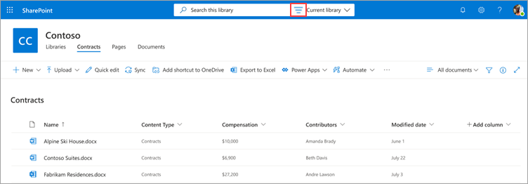 Screenshot of a document library page showing the search box with the content query icon highlighted.