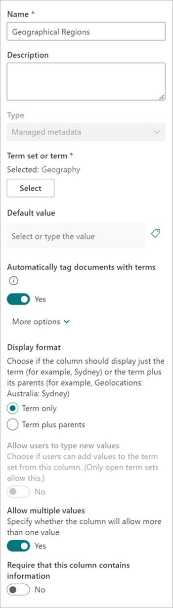 Screenshot showing the Column settings panel for the taxonomy column.