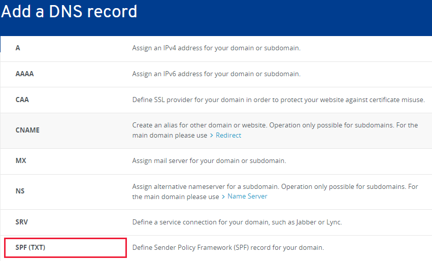 Select the SPF (TXT) section.