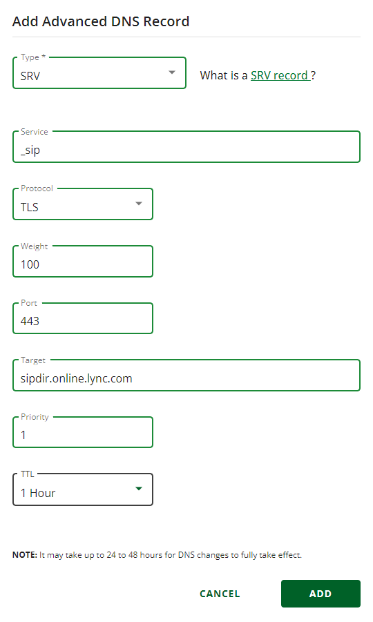 Type or copy and paste the values from the table into the SRV record window.