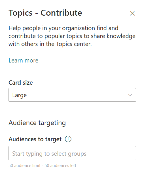 Screenshot of the Topics Contribute card's edit panel.