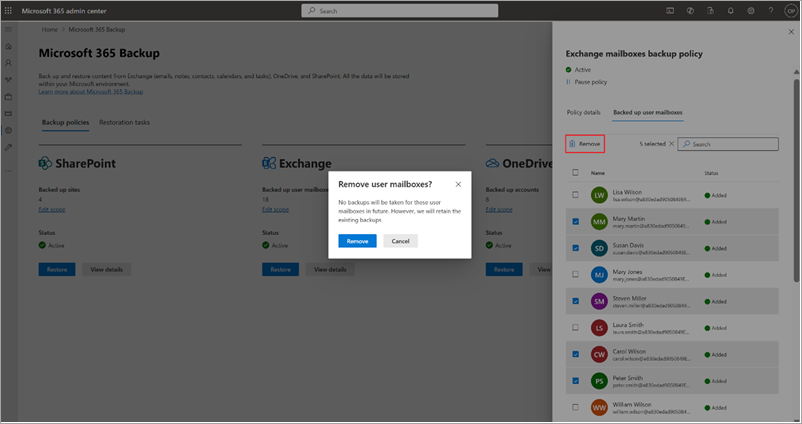 Screenshot showing how to remove user mailboxes from Exchange backup policy in the Microsoft 365 admin center.