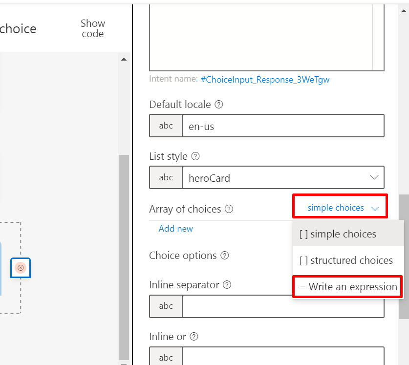 Screenshot of changing the type of the array of choices property.