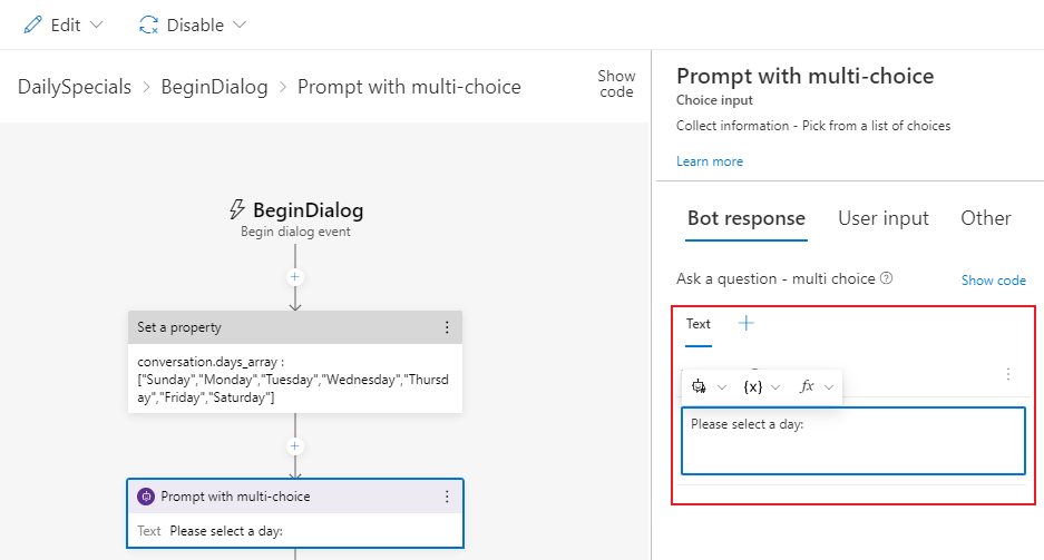 Screenshot of the bot response set.