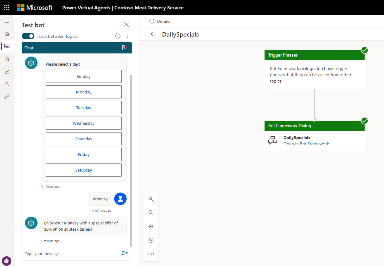 Screenshot of the Microsoft Copilot Studio test bot pane.