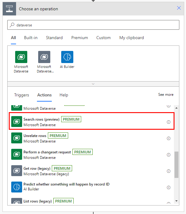 Screenshot of the Dataverse connector Search rows action.