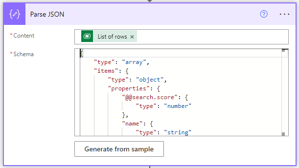 Screenshot of JSON schema entered in the Parse JSON node.