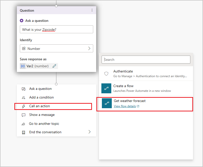 Screenshot of a Call an action node with the Get weather forecast flow highlighted.