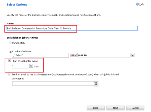 Screenshot of the bulk delete job name and run settings.