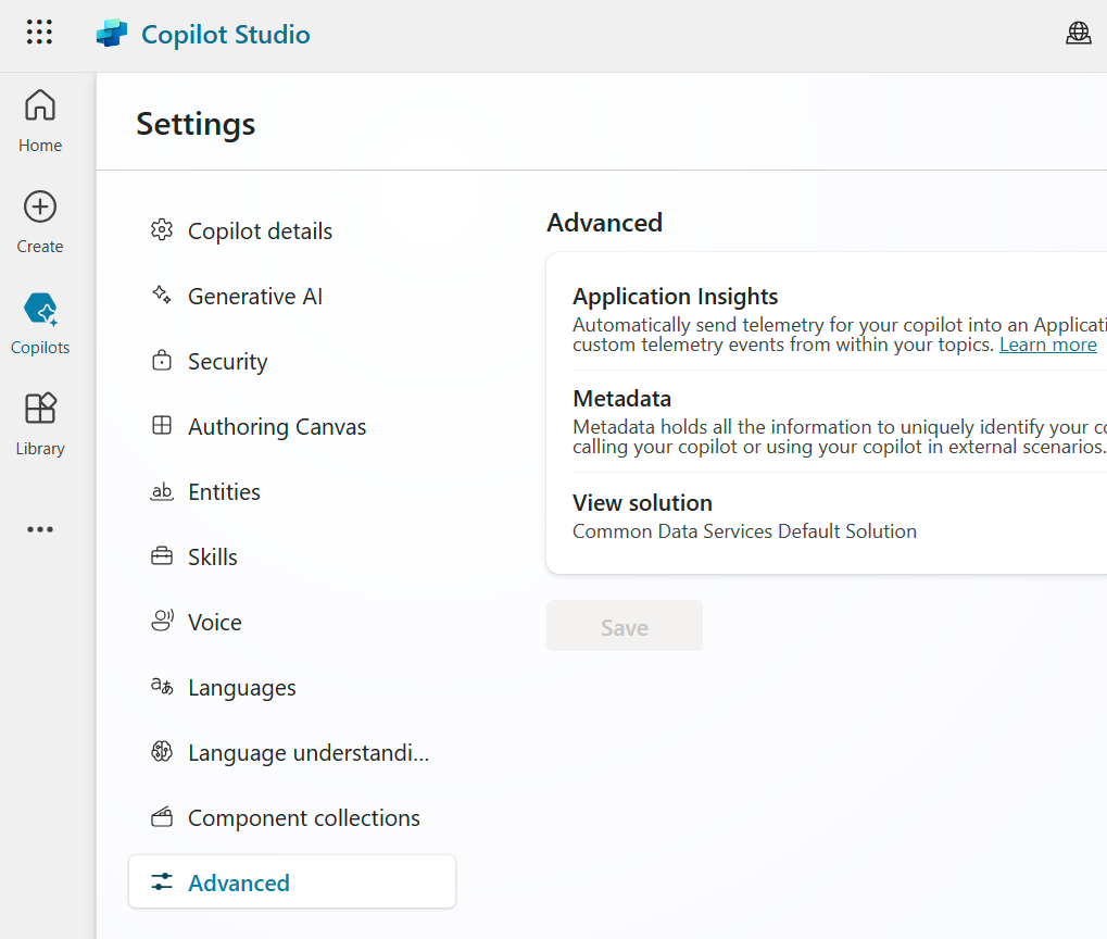 Screenshot of the view solution button in a copilot's advanced settings in Copilot Studio.