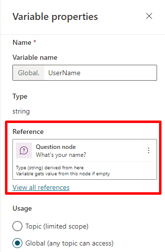 Screenshot showing the list of topics used by a variable in the Variable properties pane.