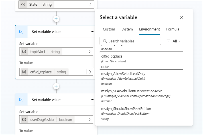 Screenshot of the Topics page setting var value to environment variable.