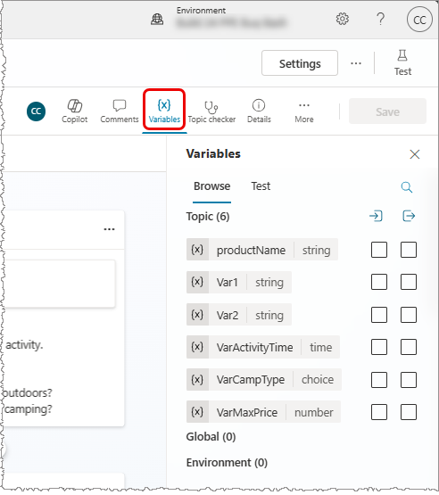 Screenshot of the Variables pane in the Copilot Studio authoring canvas, with the Variables button highlighted.