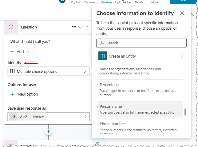 Screenshot of a Question node with the 'Choose information to identify' menu open and the 'Person name' entity highlighted.