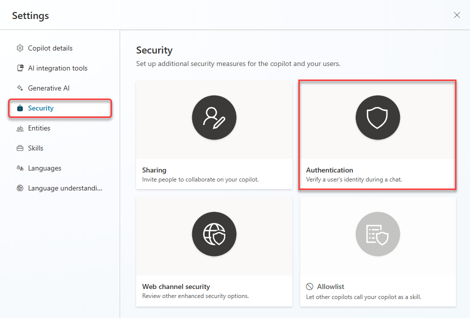 Screenshot of selecting the Authentication card.