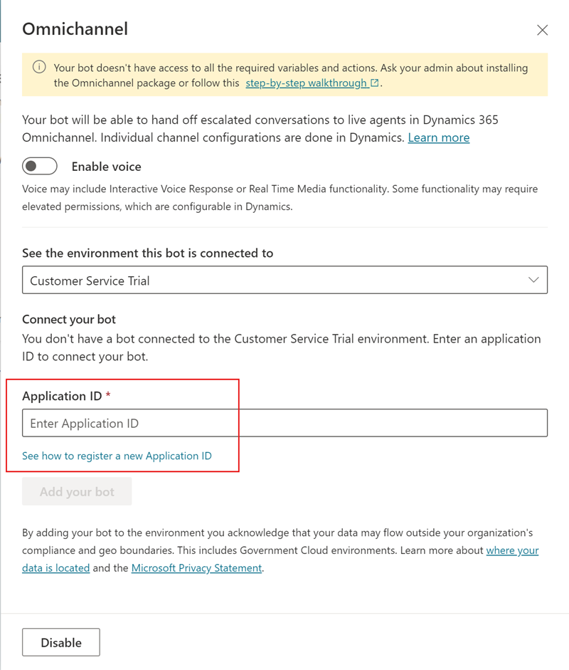 The Dynamics 365 configuration pane, with the Application ID section highlighted.