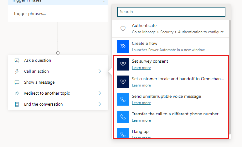 List of voice-related actions that can be added to a node in Copilot Studio.