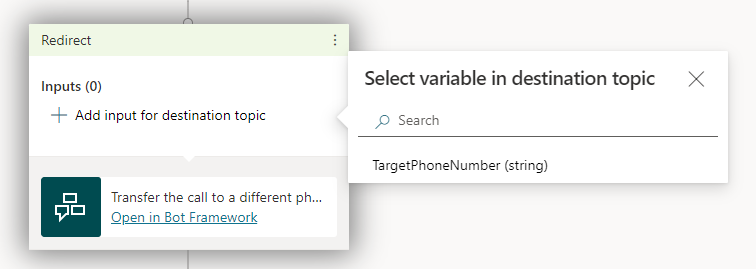 Add a Transfer the call to a different phone number action to a node in Copilot Studio.