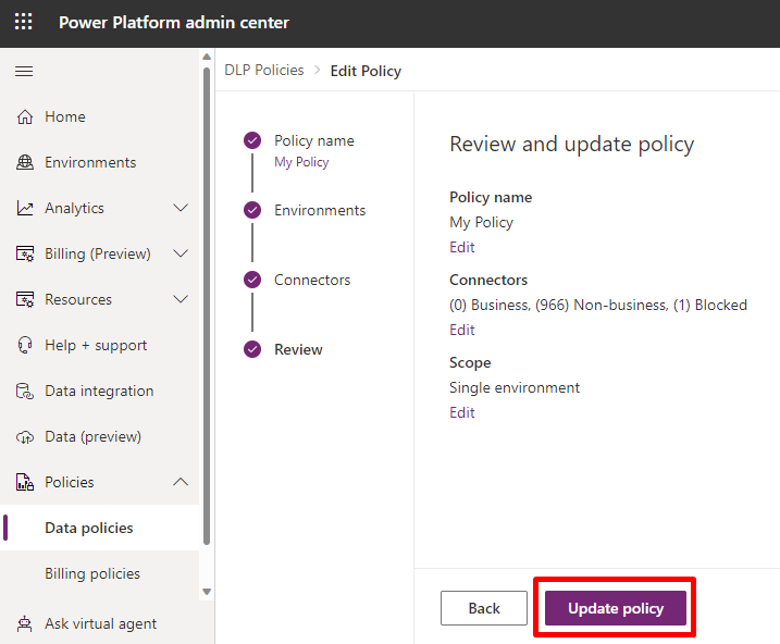 Screenshot of the review screen when creating a DLP policy.