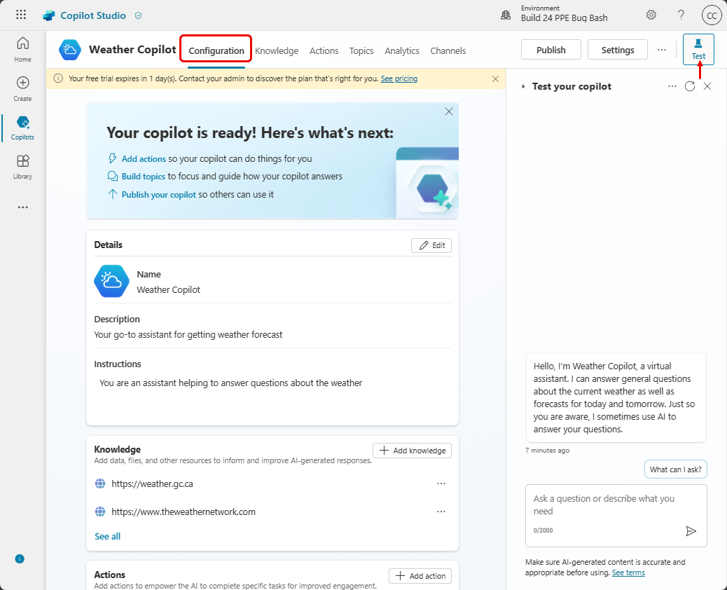 Screenshot of the unpublished copilot showing Test pane and Configuration page.