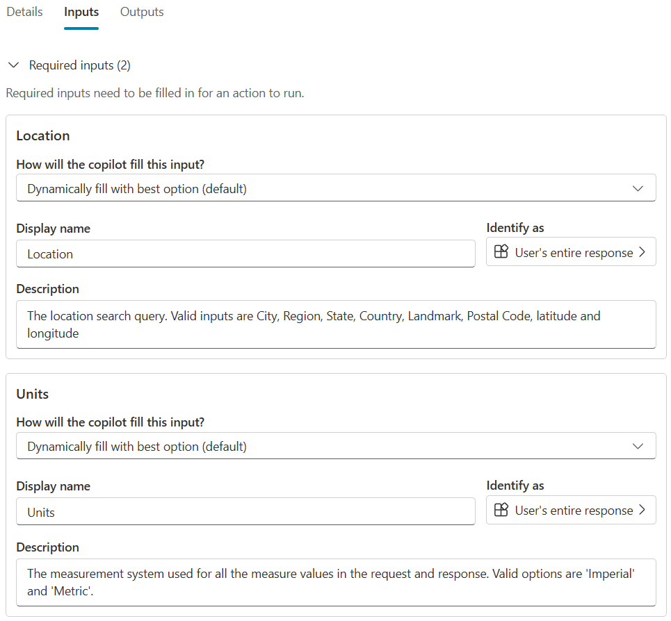 Screenshot of actions inputs edit panel