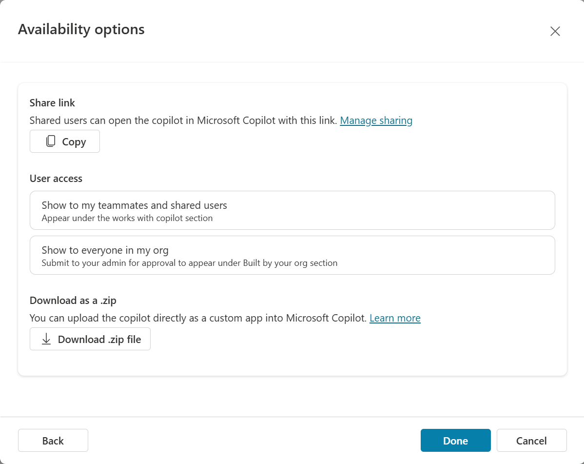 Screenshot of availability options after publishing