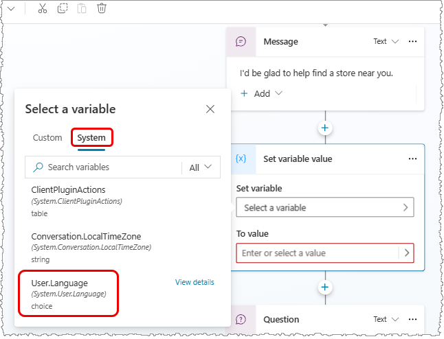 Screen showing a Set variable node defining the value of the User.Language variable.