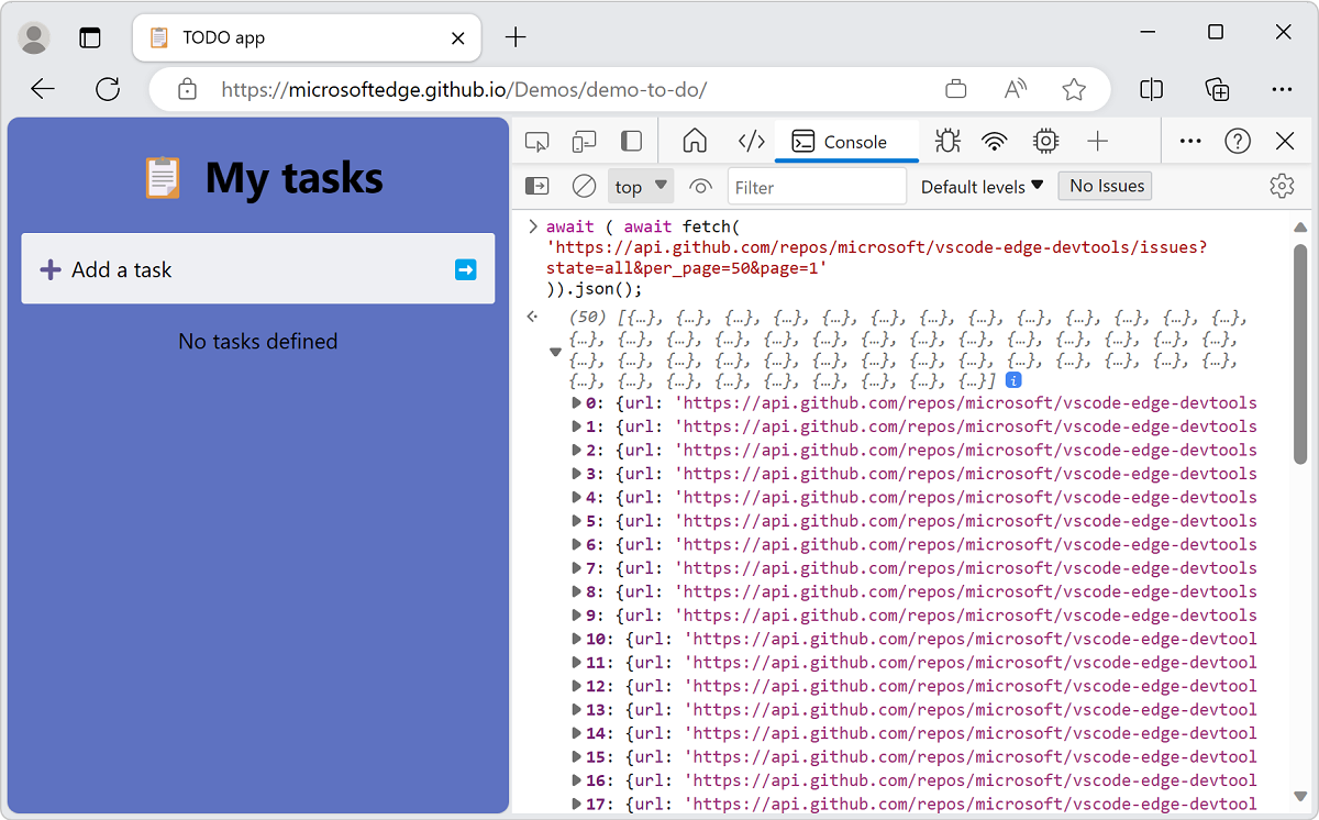 Console displays the result of a top-level async fetch request