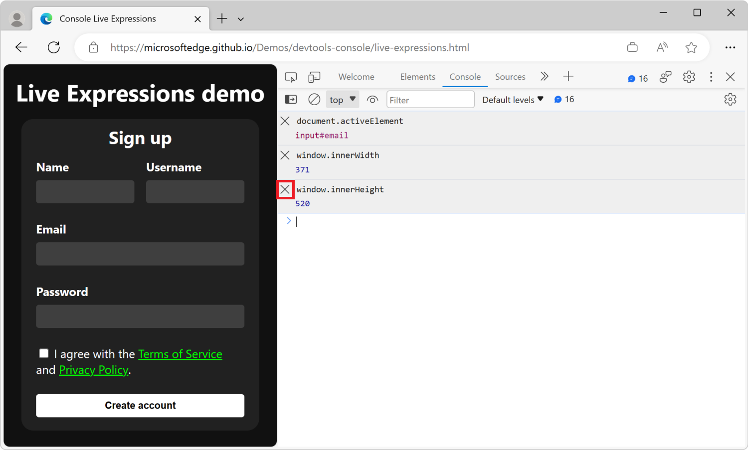 The Console tool, with three live expressions, each with a close icon next to them