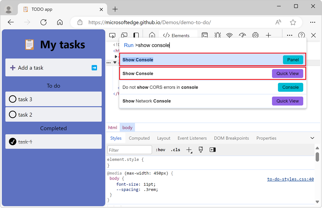 Run the command to display the Console tool