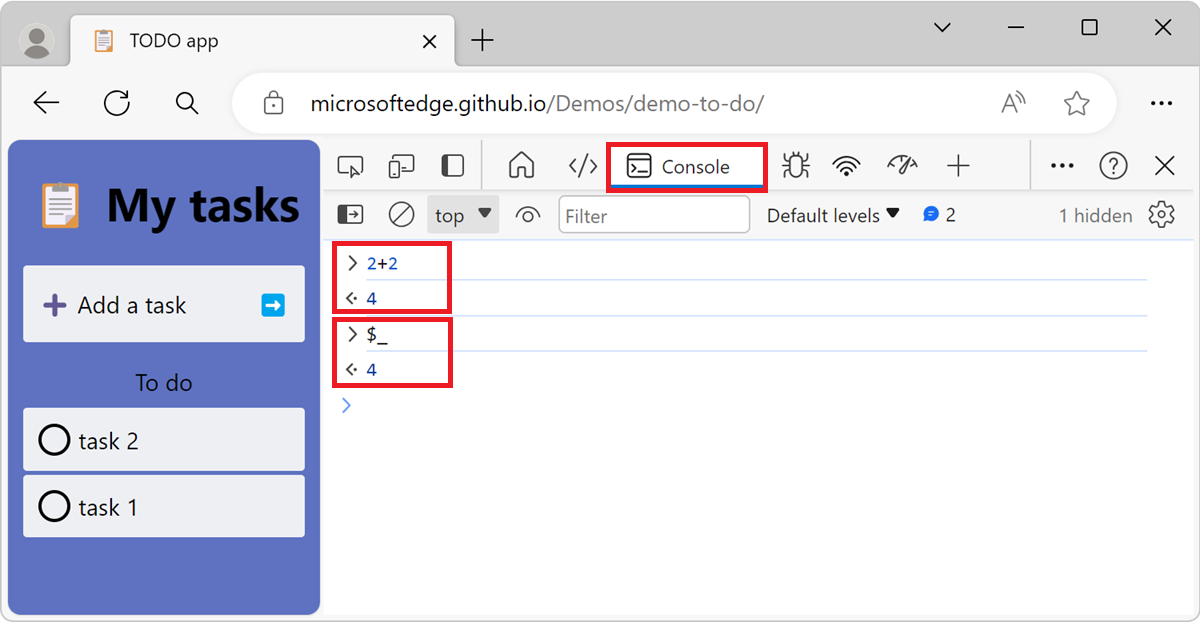 The Console tool showing that the $_ variable returns the result of the previous expression