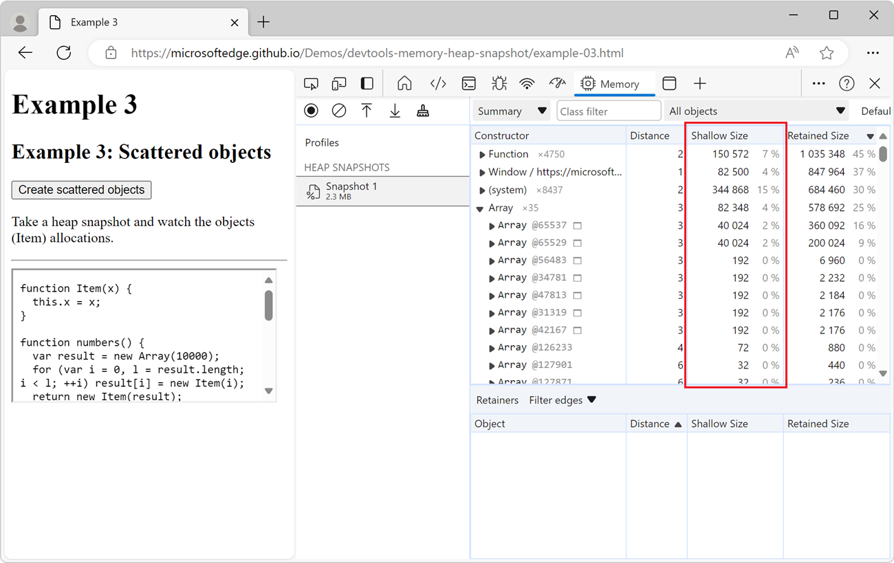 The Shallow Size column of a heap snapshot