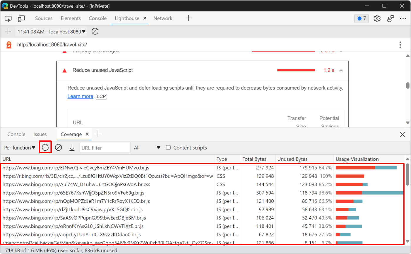 The Coverage tool, in the Drawer panel, showing the report of how much code is unused