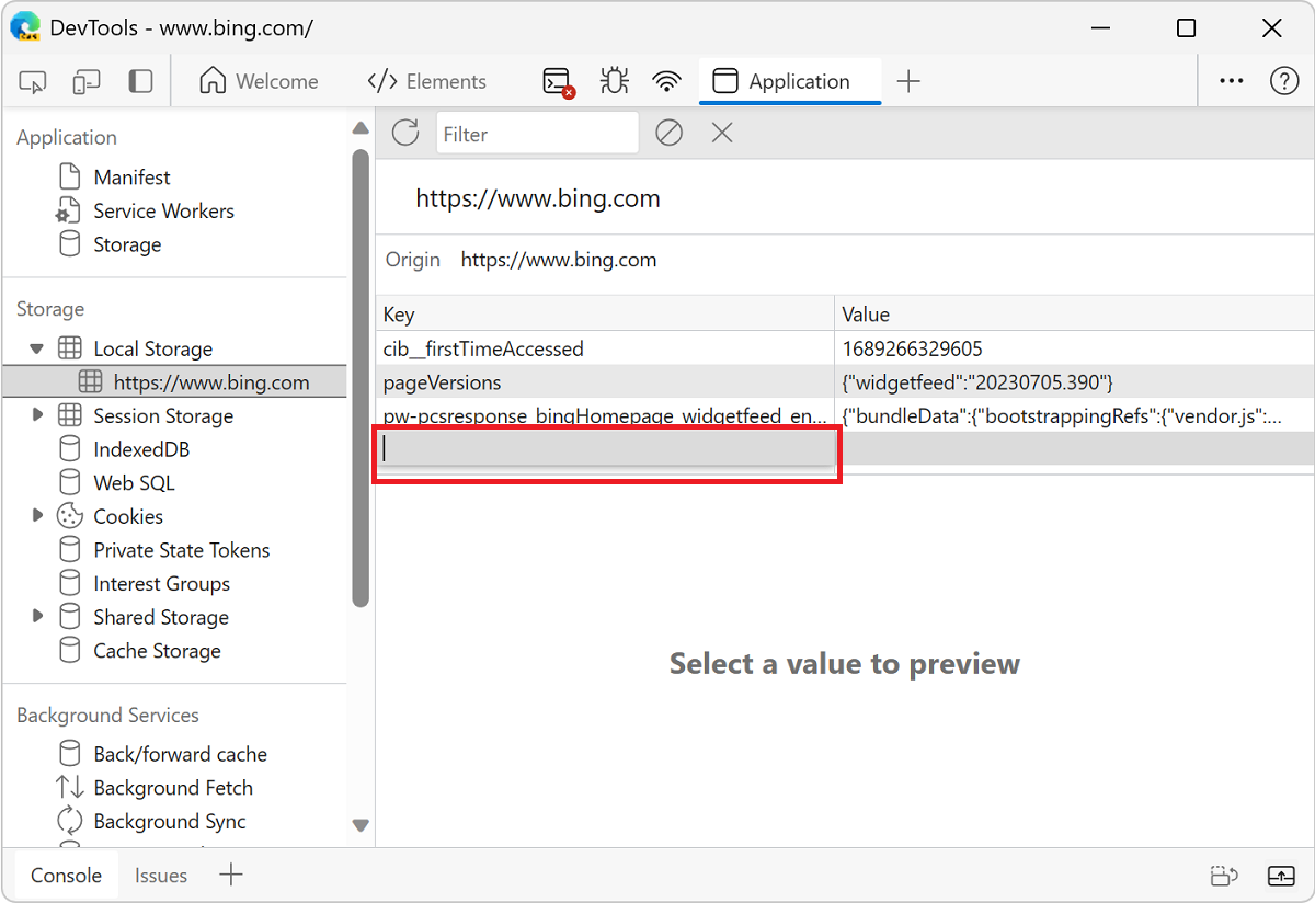 The empty part of the table to double-click in order to create a new key-value pair