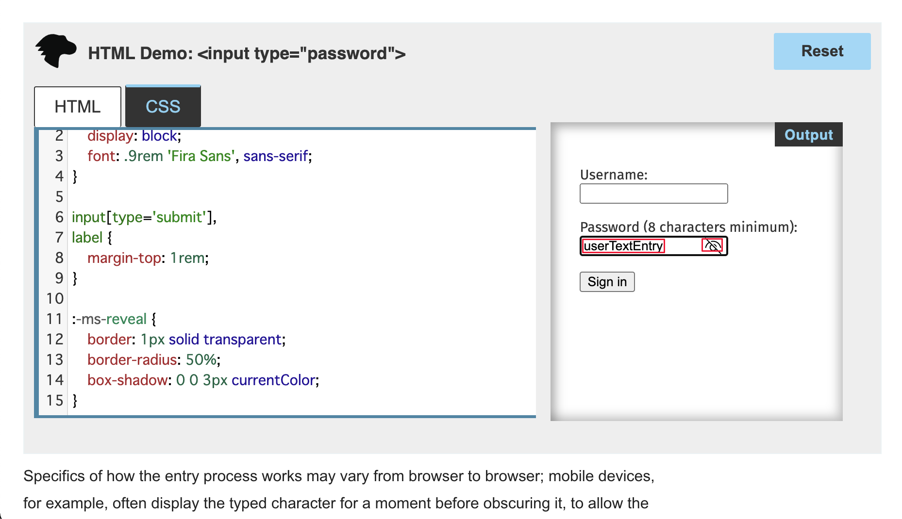 The original password text is revealed, and the eye icon has a slash over it