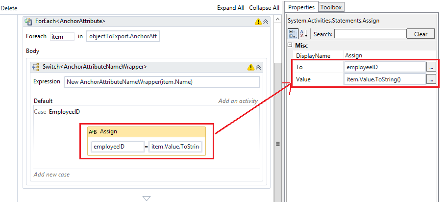 Screenshot showing how to assign the To and Value properties for the assign activities.