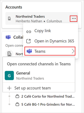 Screenshot showing creating account team from record card.