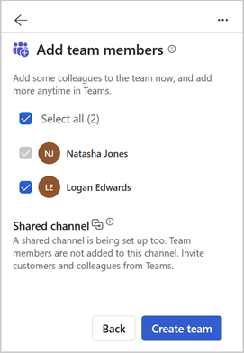 Screenshot of the Add team members step in Copilot for Sales for Outlook.