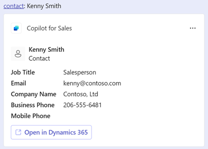 Screenshot showing the Copilot for Sales contact card link.
