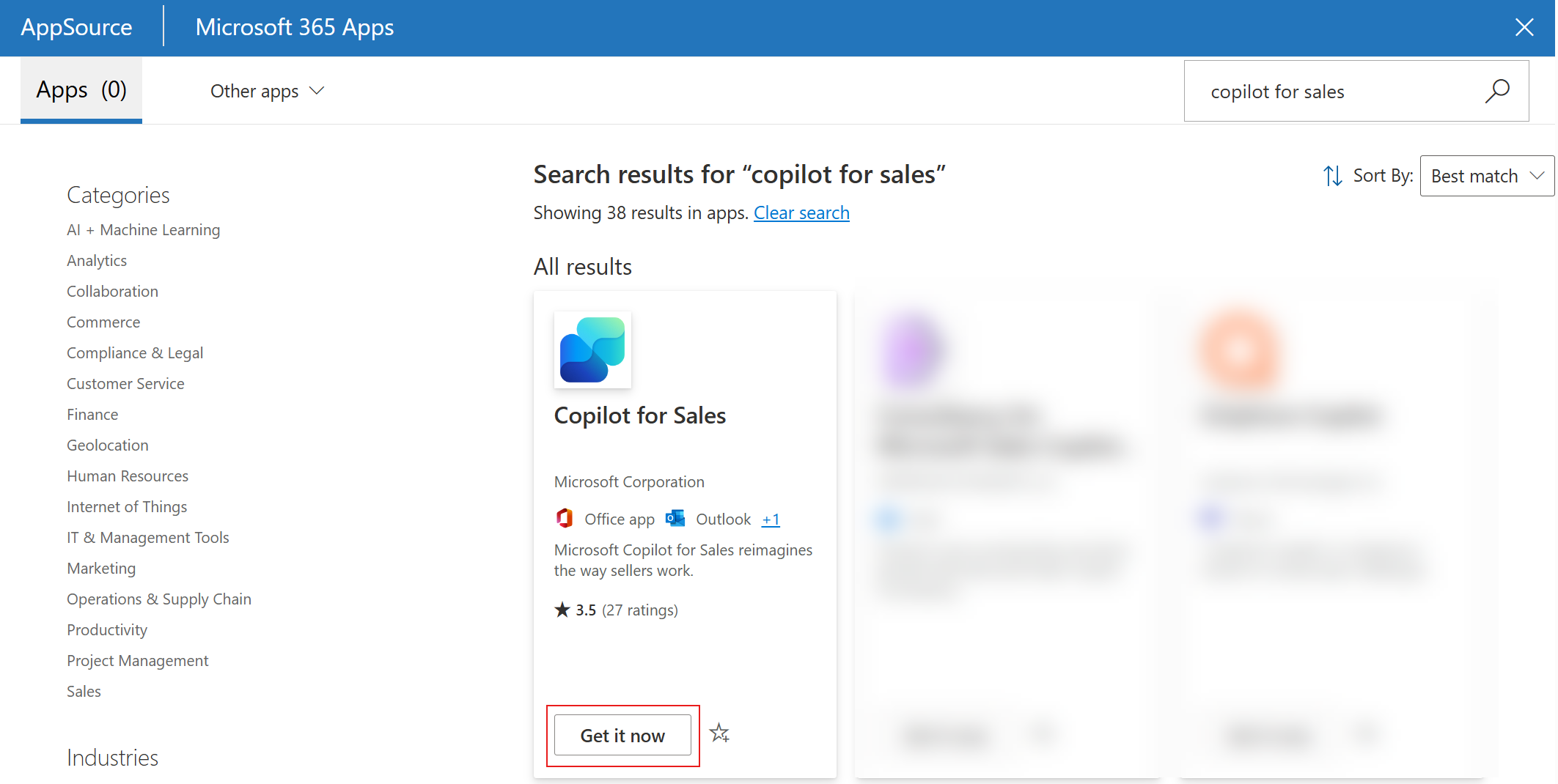 Screenshot showing Copilot for Sales enhanced app in Microsoft 365 admin center.
