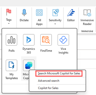 Screenshot showing search option in the Copilot for Sales app in classic Outlook.
