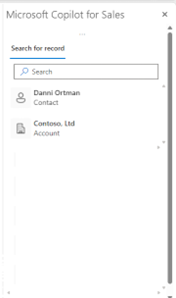 Screenshot showing search pane for the Copilot for Sales app in classic Outlook.