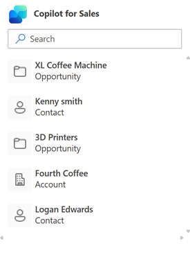 Screenshot showing search pop-up for the Copilot for Sales app in new Outlook.