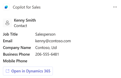 Screenshot showing the Copilot for Sales contact card.