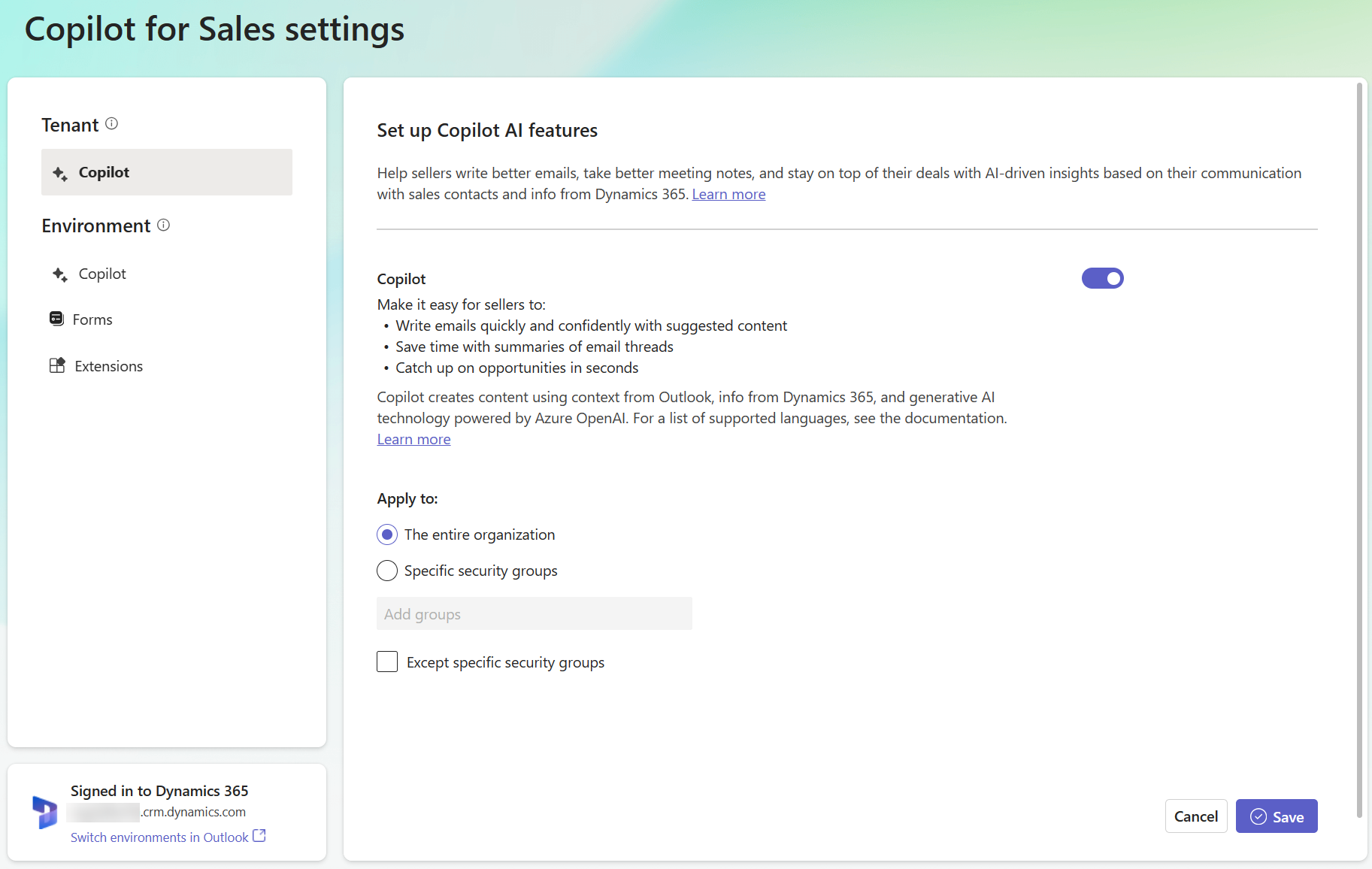 Screenshot of Copilot for Sales settings for a tenant.