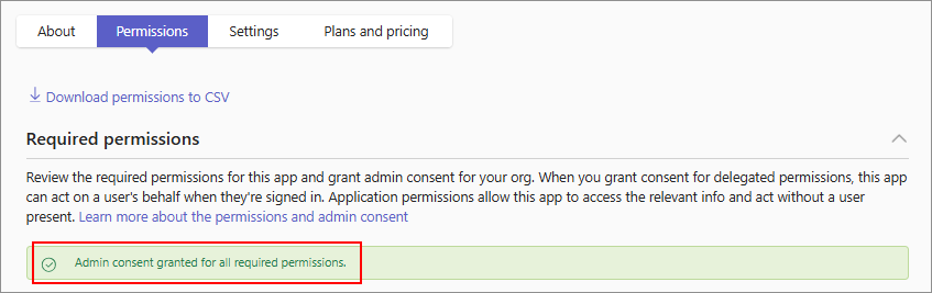 Screenshot showing a confirmation after you grant consent to app permissions.