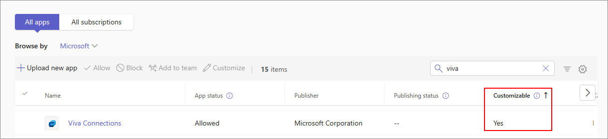 Screenshot showing that customizable column in admin center helps you verify if an app is customizable or not.