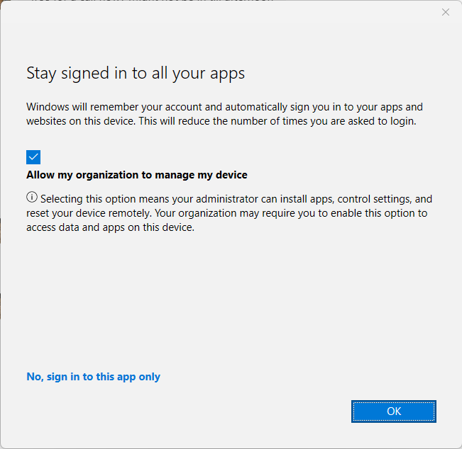 Screenshot: User interface of sign in to all apps with a link to only sign into this app only.