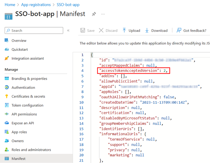 Screenshot shows the Value for accepted access token version.