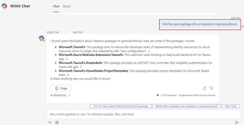 Screenshot shows the plugin prompt and the Adaptive Card response with content and preview card from Microsoft 365 Copilot. The response contains a list of four products with Contoso product name. 